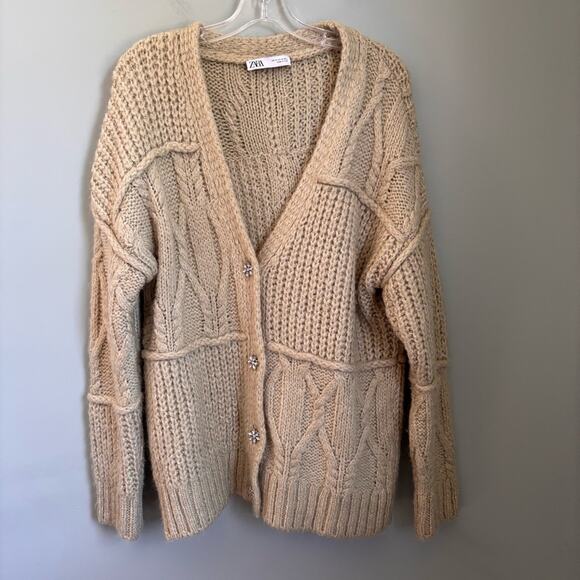 Chunky Knit Cardigan Sweater with Flower Rhinestone Buttons - Picture 1 of 6